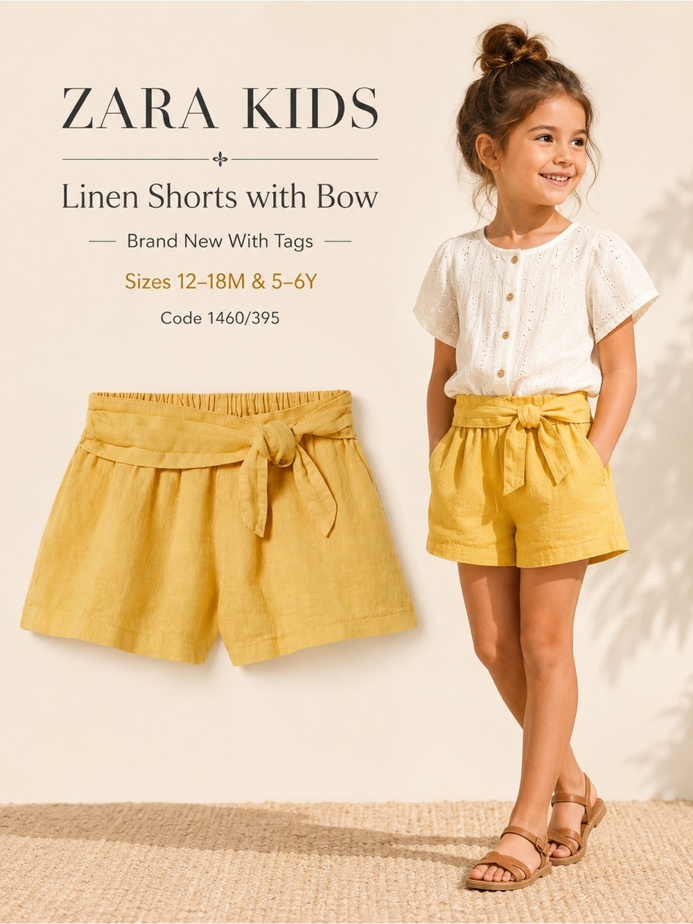 Zara Kids Ocher Linen Shorts With Bow Sizes 12-18M & 5-6Y NWT Girls Shorts